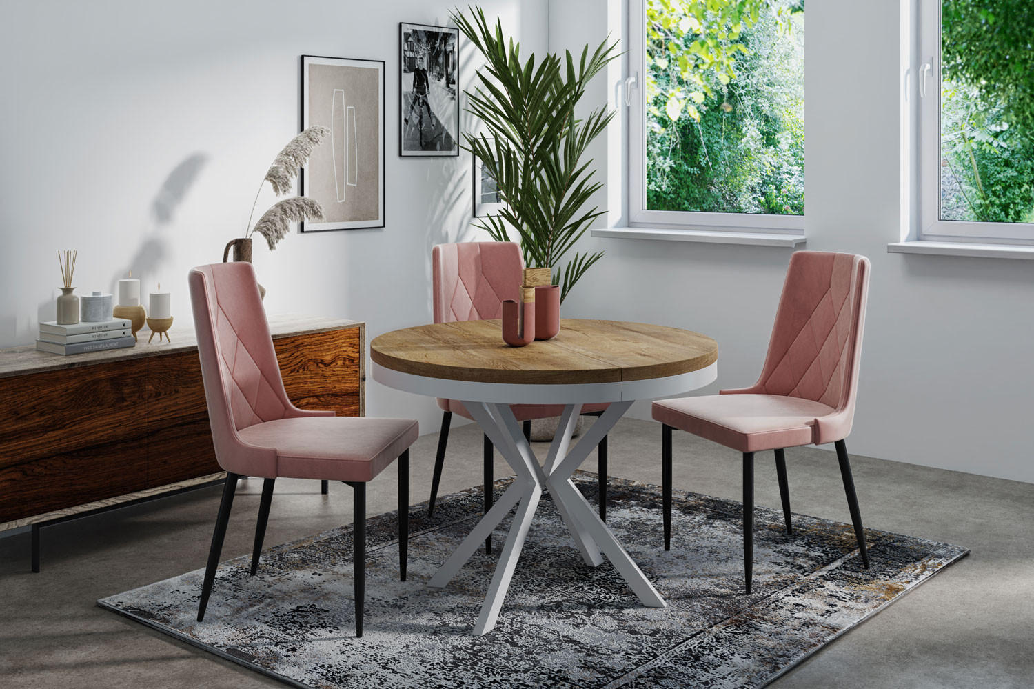 ESSTISCH Cloud runder ausziehbarer, Lefkas Eiche 90-170/90/76 cm - Alteiche/Weiß, Holzwerkstoff/Metall (90/90/76cm) - WFL GROUP