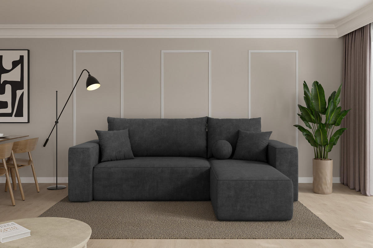 ROHOVÁ SEDAČKA s funkcí spaní, otoman vpravo SENO-L 249x139x85 tmavě šedá velur - černá/antracitová, kompozitní dřevo/textil (249/139cm) - ALTDECOR