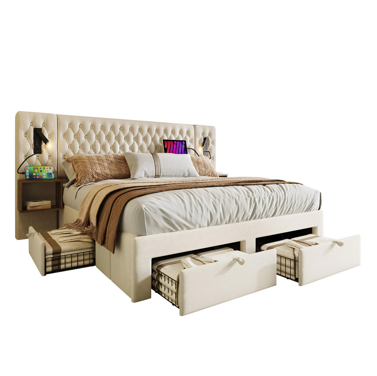 POLSTERBETT 160/200 cm Beige mit Nachttischen und USB-Ladefunktion Ohne Matratze - Beige, Textil (160/200cm) - OKWISH