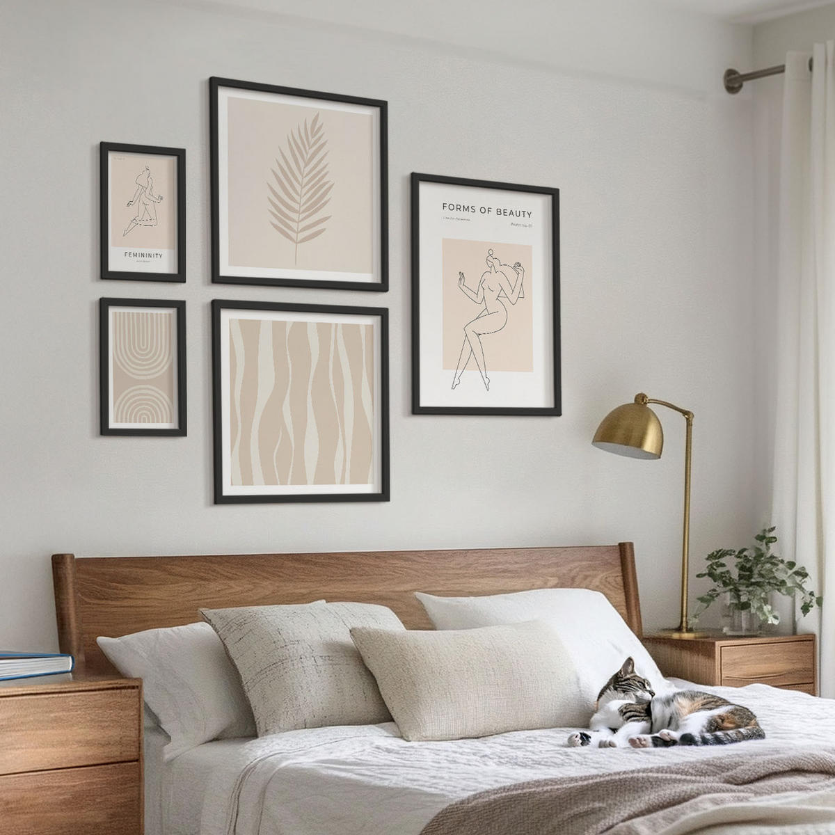 BILDER SET 5er Set - 50x50 cm & 20x30 cm & 40x60 cm Schwarzer Rahmen - Abstrakte Boho-Dekorationen - Schwarz, Kunststoff (40/60cm) - TULUP