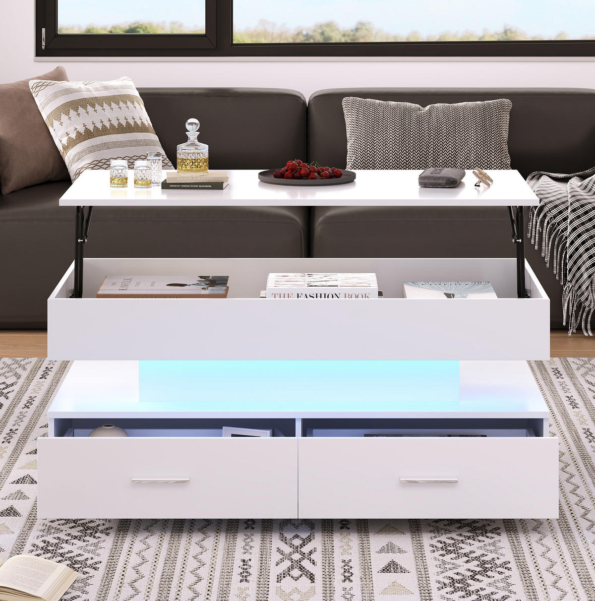 COUCHTISCH 100/50/44 cm weiß aus Spanplatte mit Höhenverstellung, LED-Beleuchtung und Stauraum - Weiß, Holzwerkstoff (100/50/44cm) - OKMYHOME