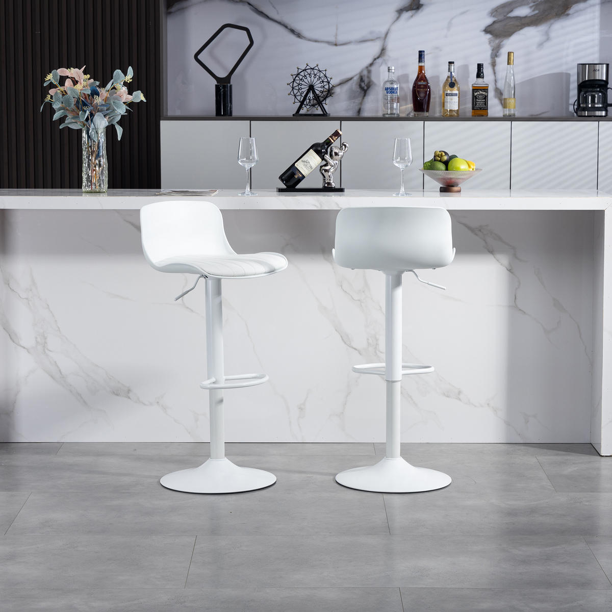 BARHOCKER 2er-Set Weiß Drehbar Höhenverstellbar mit Rückenlehne & Fußstütze - Weiß, Metall (43/80/44cm) - PANGIVO
