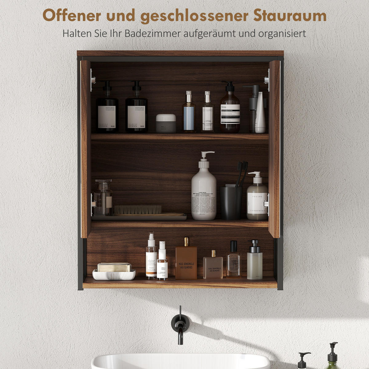 SPIEGELSCHRANK Bad, Badezimmerschrank mit sanft schließender Tür, Fächern, Braun - Braun, Holzwerkstoff (20/65/56cm) - HOMCOM