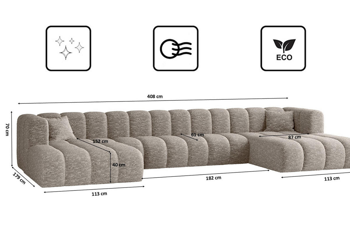 ECKSOFA U-form Grand U XL Stoff Haga Hellgrau - Hellgrau, Holz (179/408cm) - Kaiser Möbel