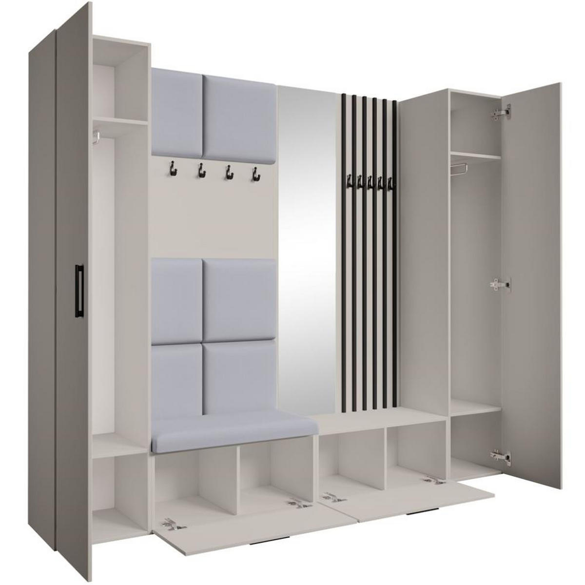 GARDEROBE Margaret XL 242/203/43 mit gepolsterten Paneelen/Lamellen/Spiegel - Kaschmir/Schwarz, Holzwerkstoff/Kunststoff (242/203/43cm) - Beautysofa