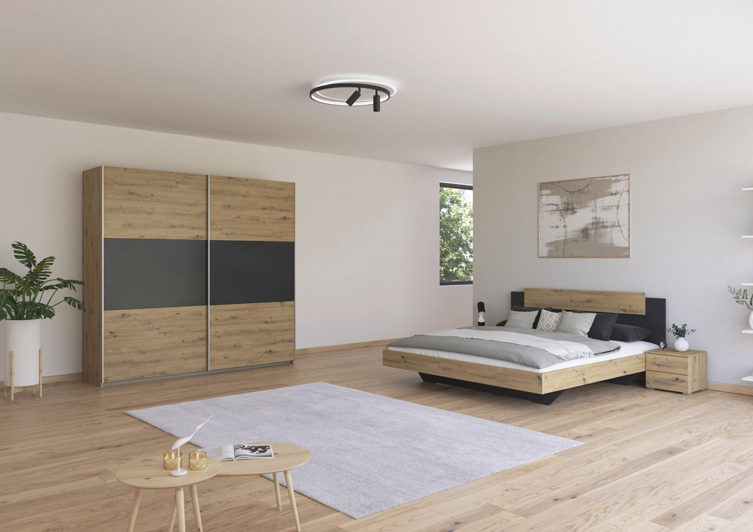 SCHLAFZIMMER Borba in Eiche und Grau 4 teilig – mit Bettanlage 180x200cm, zwei Nachttisch und Schwebetürenschrank 218cm Breite - Braun, Holzwerkstoff (80/200/120cm)