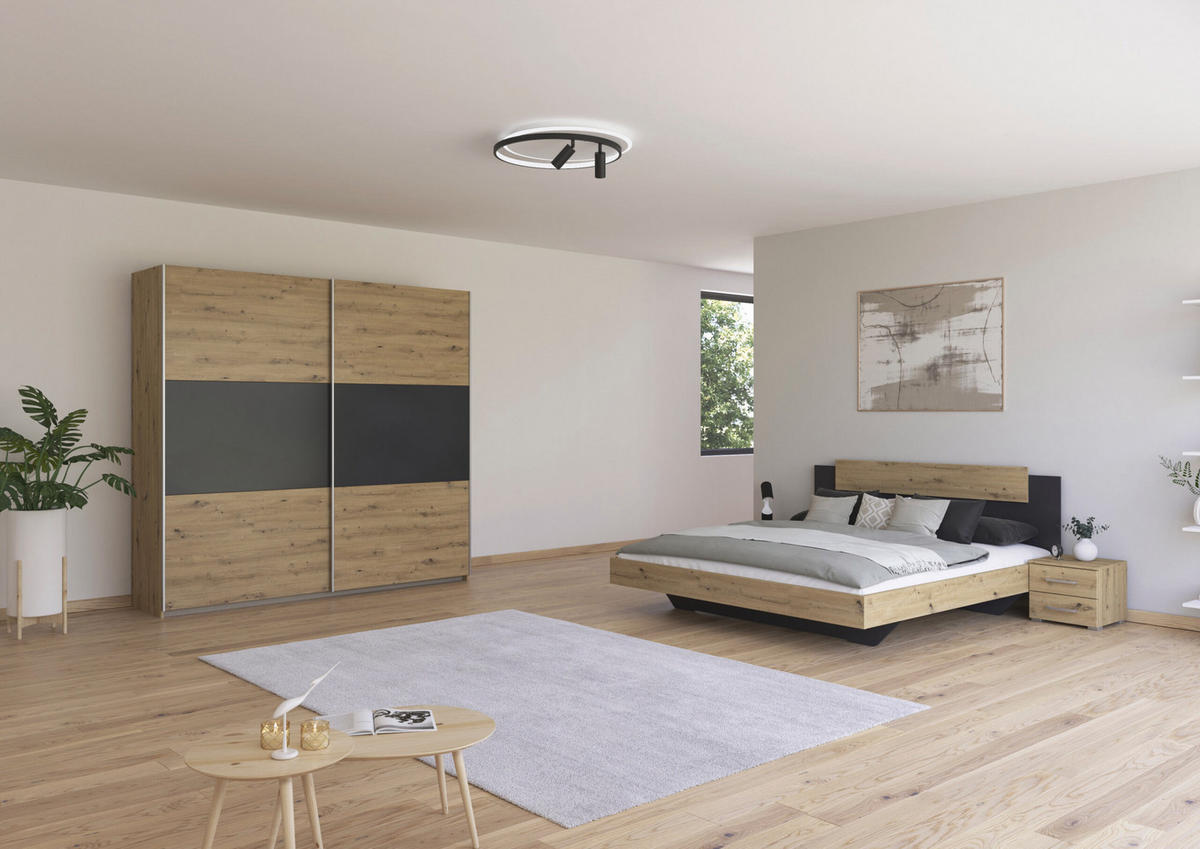 SCHLAFZIMMER Borba in Eiche und Grau 4 teilig – mit Bettanlage 180x200cm, zwei Nachttisch und Schwebetürenschrank 218cm Breite - Braun, Holzwerkstoff (80/200/120cm)