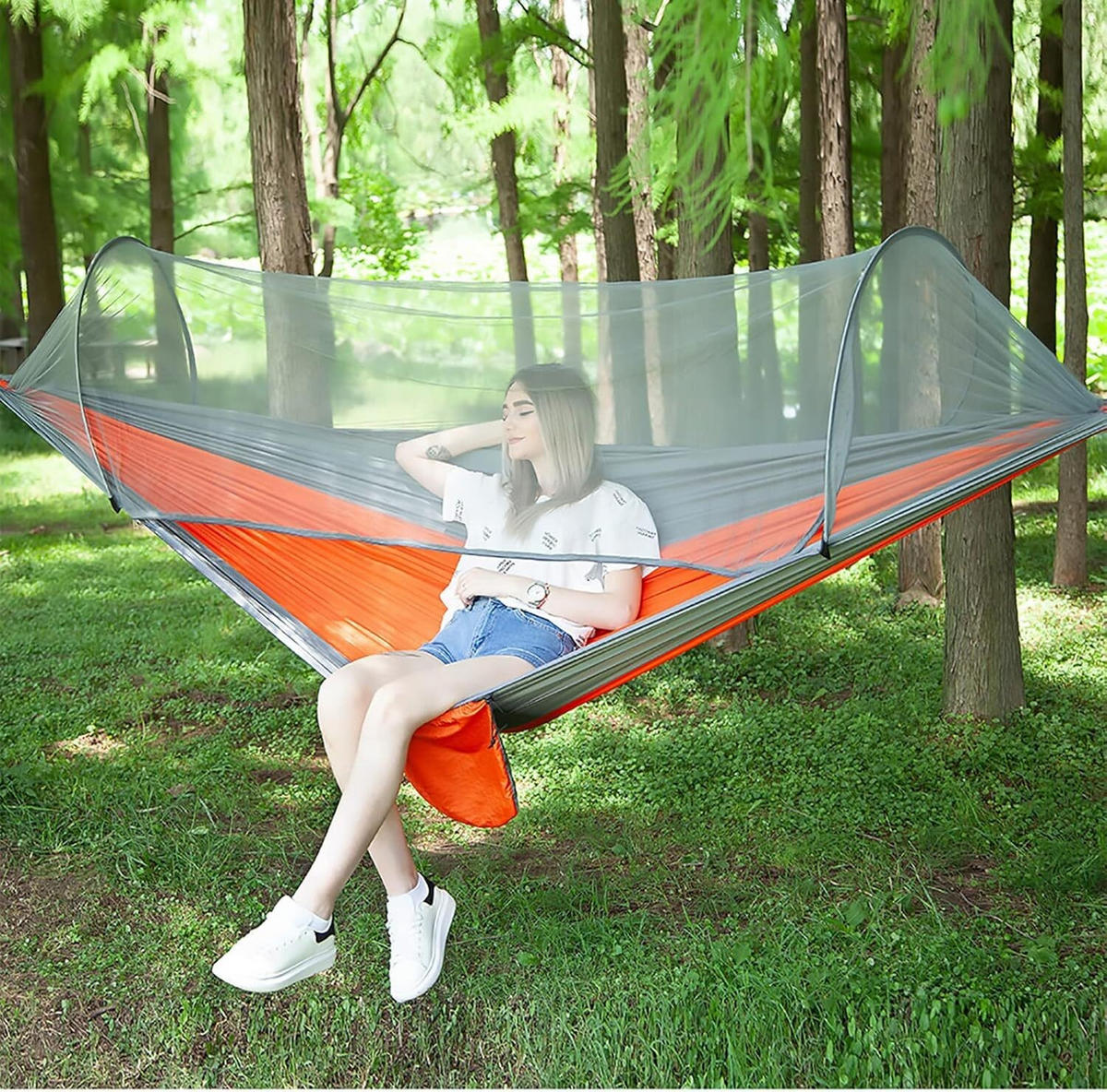 HÄNGEMATTE Mit Moskitonetz, 1-2 Personen, Nylon, Orange - Orange, Textil (260/1/140cm) - Authentics