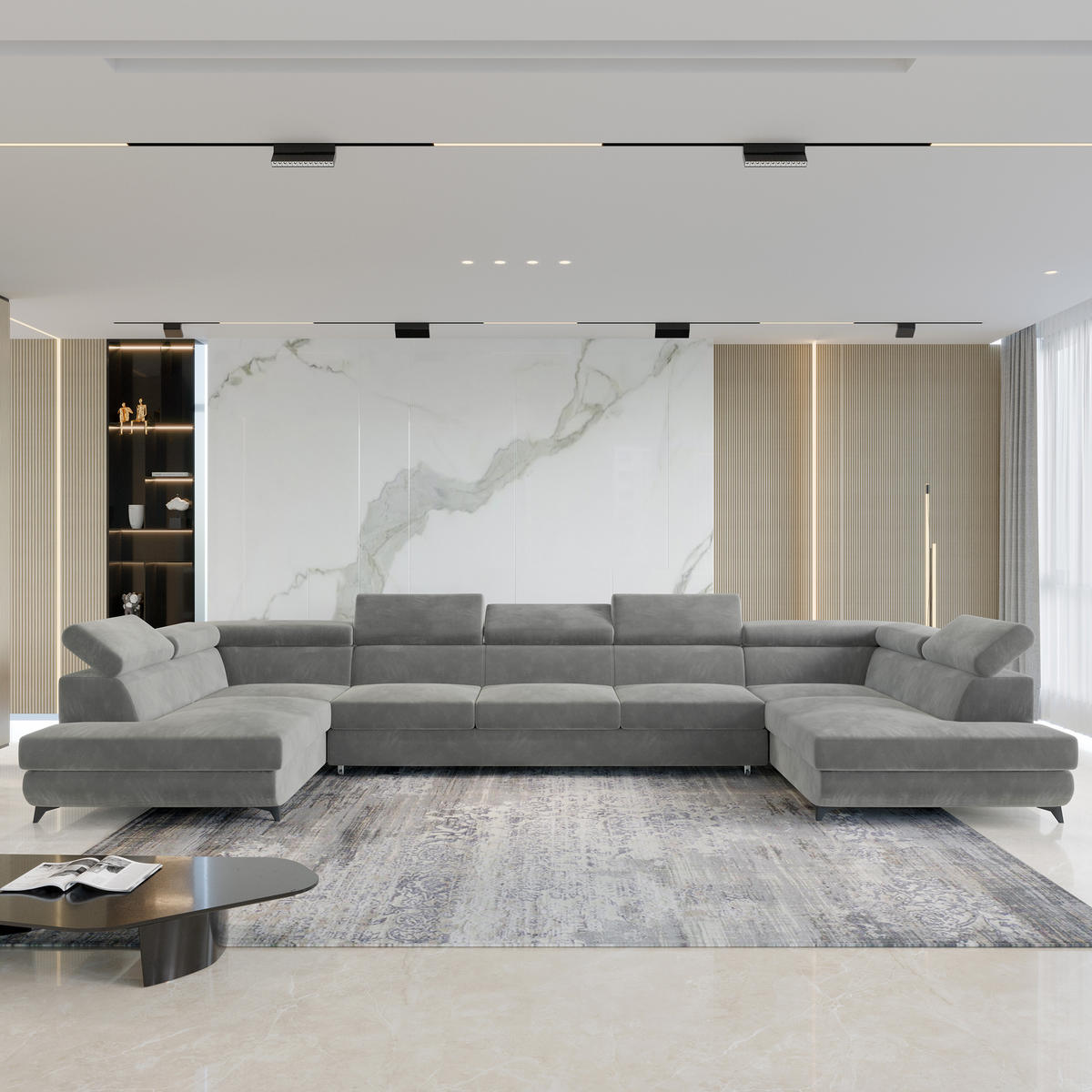 ROHOVÁ SEDAČKA URMANO světle šedá - černá/světle šedá, kov/dřevo (395/190cm) - MASSENO