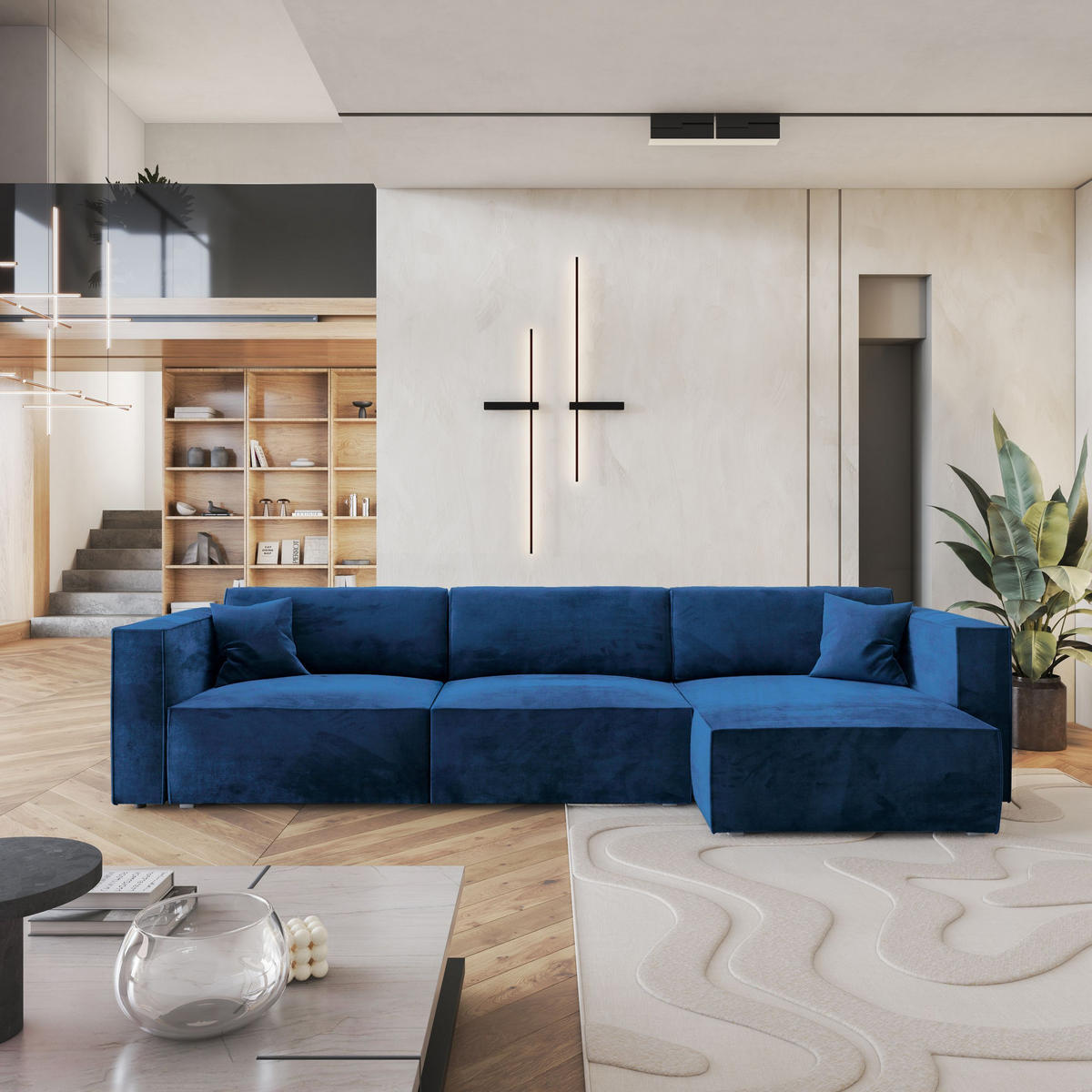 ECKSOFA TOLMO M Blau Velours-Stoff mit Schlaffunktion - Blau/Grau, Holz/Kunststoff (347/148cm) - MASSENO