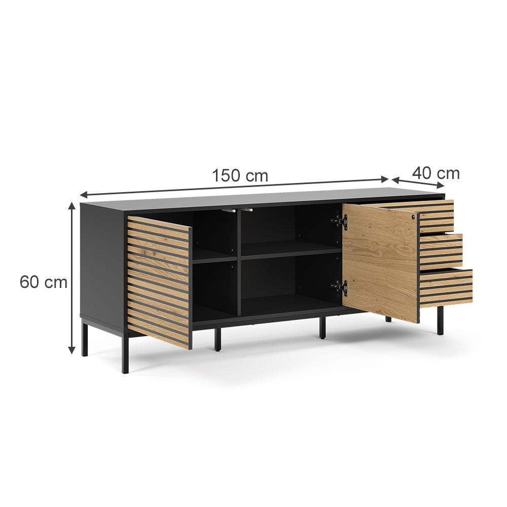 KOMMODE Eliza Schwarz/Eiche 150 x 60 cm mit 3 Schubladen - Honigeiche/Anthrazit, Holzwerkstoff (150/60/40cm) - Vicco