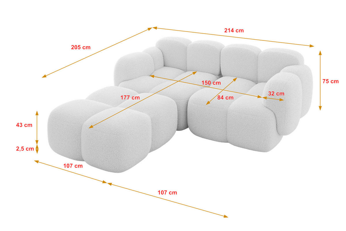 ECKSOFA modulares Sofa Links Miko-L1 214x205x75 Weiß Bouclé - Schwarz/Weiß, Holzwerkstoff/Kunststoff (214/205cm) - ALTDECOR