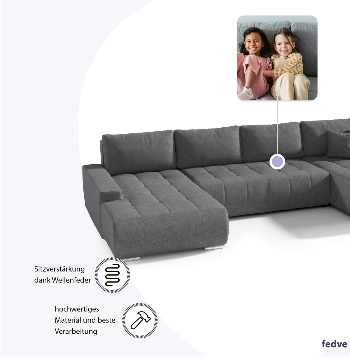 WOHNLANDSCHAFT mit Schlaffunktion Dhaka U, Grau - Grau, Textil (185/85/350cm) - Fedve