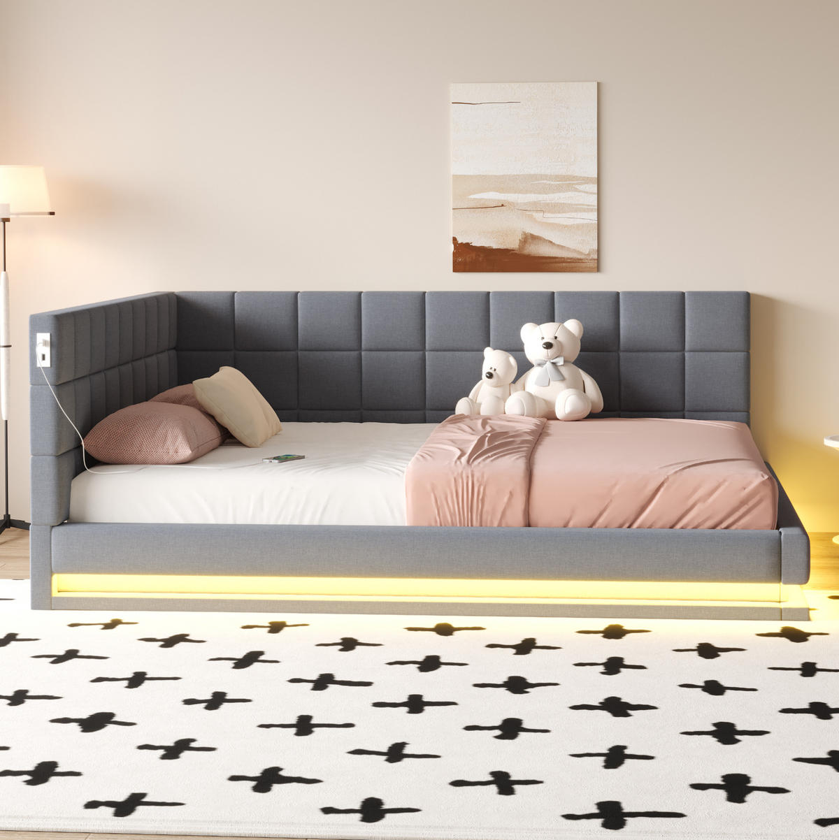 POLSTERBETT 160/200 cm Grau aus Leinen mit LED-Beleuchtung und USB-Anschluss - Grau, Textil (160/200cm) - OKMYHOME