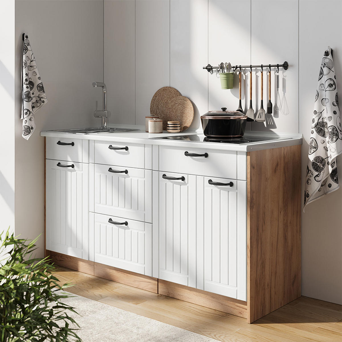 KUCHYNSKÝ BLOK Fame-Line, Biely vidiecky dom/Dub Goldkraft, 150 cm, AP Marble - biela/dub medový, kompozitné drevo (150/82/60cm) - Vicco