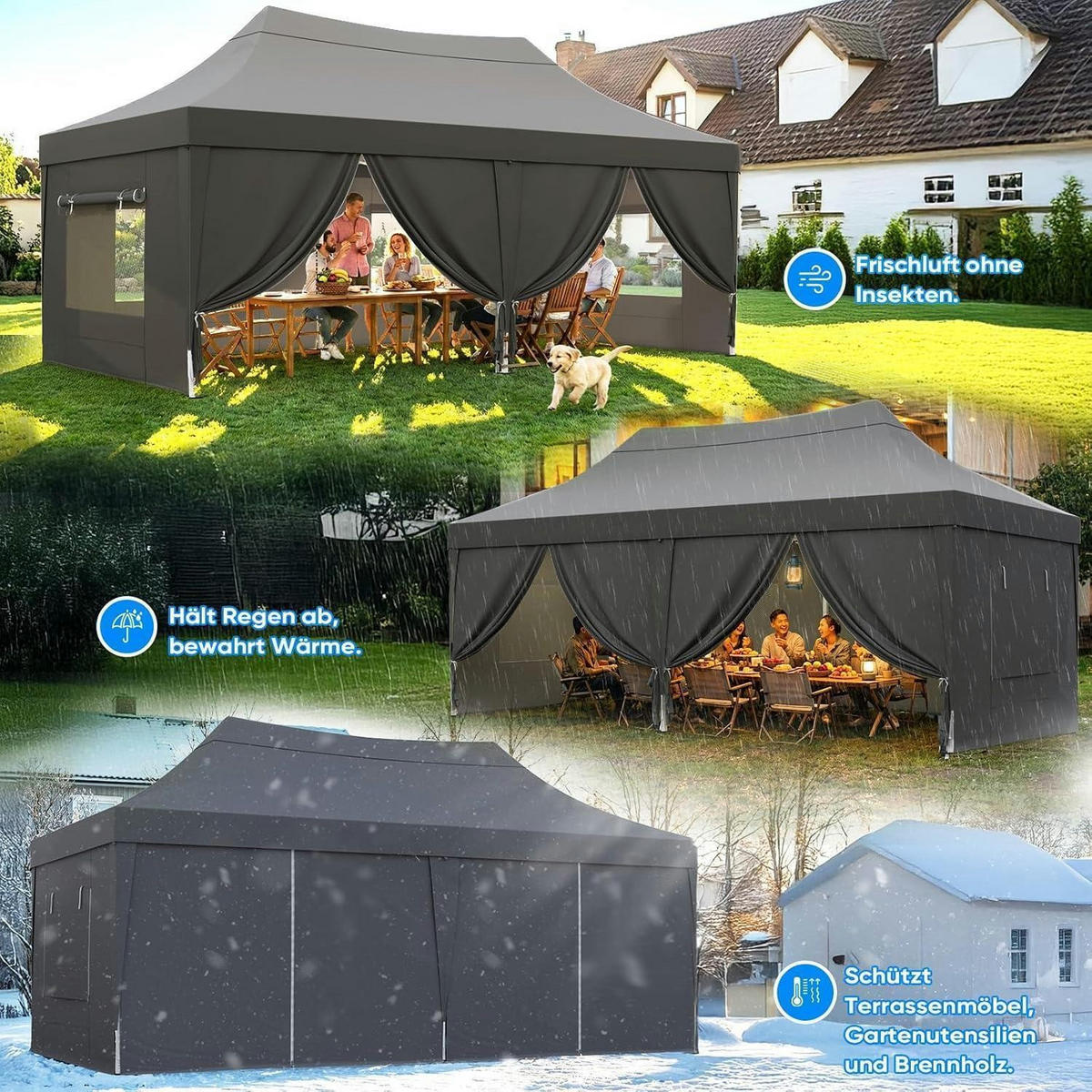 FALTPAVILLON 3x6m Grau wasserdicht mit Seitenwänden - Grau, Textil (585/310/293cm)