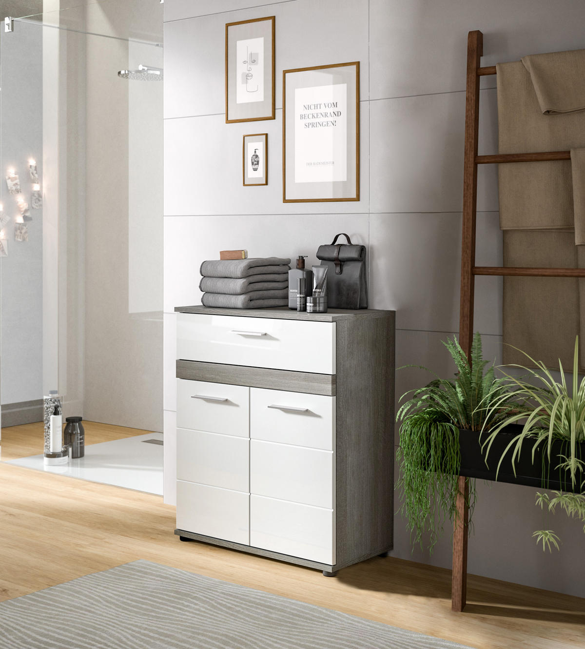 MIDISCHRANK Blake Bad in Rauchsilber Nachbildung und weiß hochglanz B/H/T: 70x79x31 cm - Anthrazit, Holz (70/79/31cm)