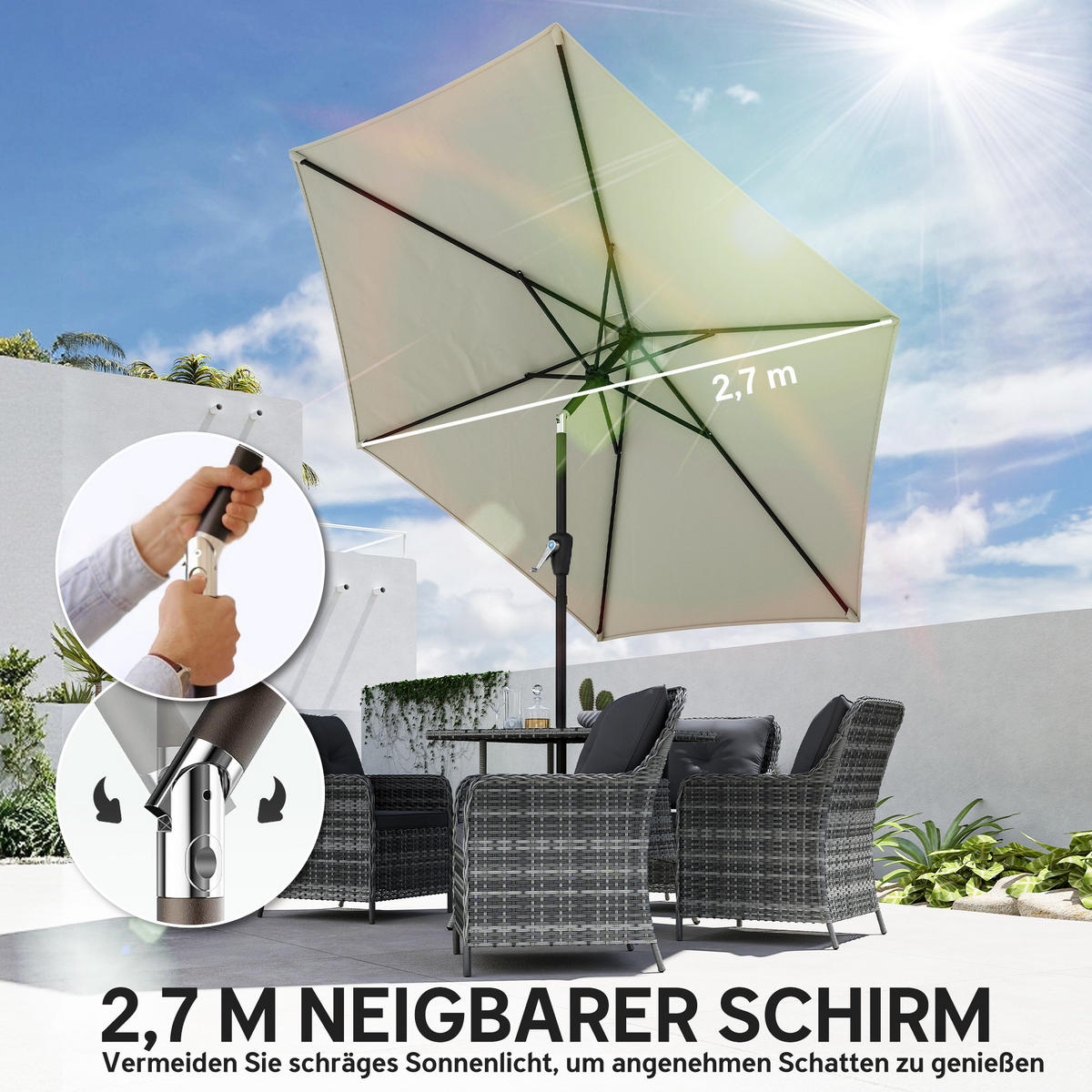 SONNENSCHIRM knickbar Cremeweiß 270/219 cm - Creme, Textil (270/270cm) - Outsunny