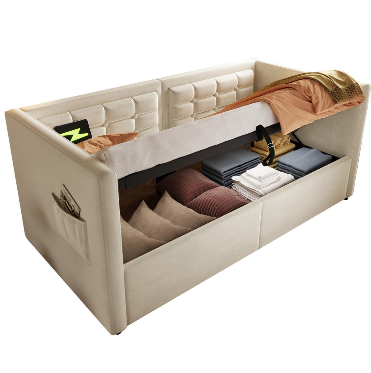POSTEL 90/200 cm samet béžová s hydraulickým úložným prostorem a USB/Type-C - béžová, textil (90/200cm) - BEAOK