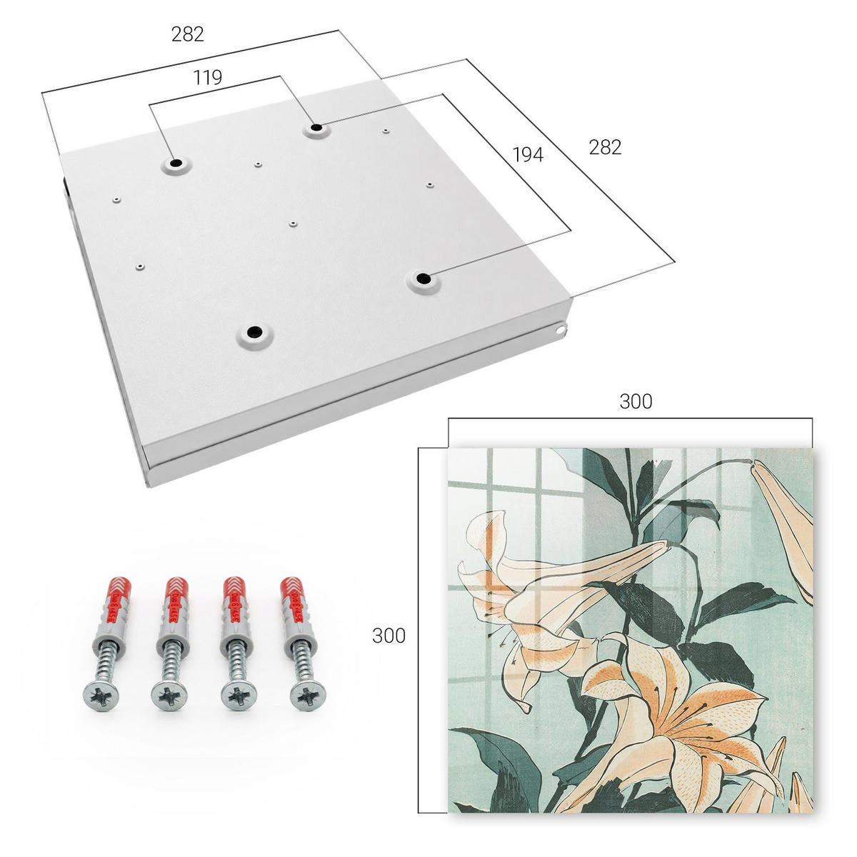 SCHLÜSSELBOX Weiß 30x30 cm – Türöffnung nach rechts - Zarte Lilien - Grün, Metall (30/30/5cm) - TULUP