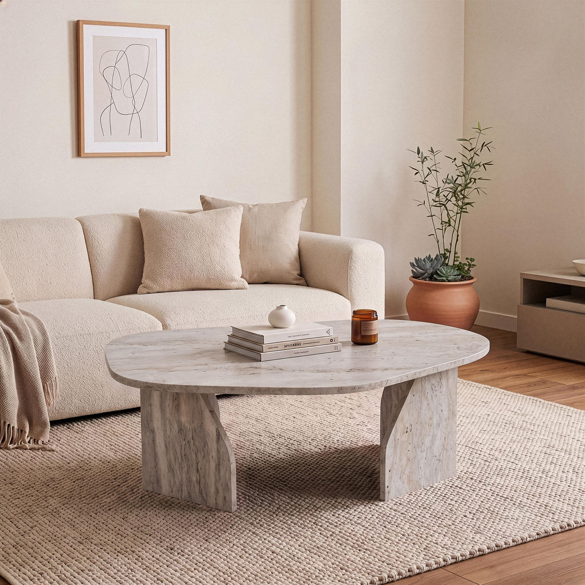 SOFFBORD med organiskt formad skiva och breda ben, 100 cm långt - ROCK - Beige, Träbaserade material (66/60/35cm) - Calicosy