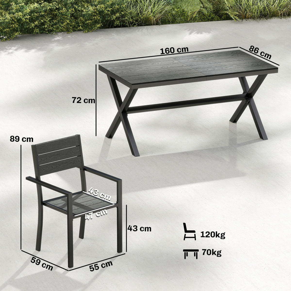 GARTENMÖBEL-SET 7-teilig,Holzoptik Latten-Tisch+6 stapelbare Stühle Alu-Rahmen,grau - Grau, Metall - Vallsero