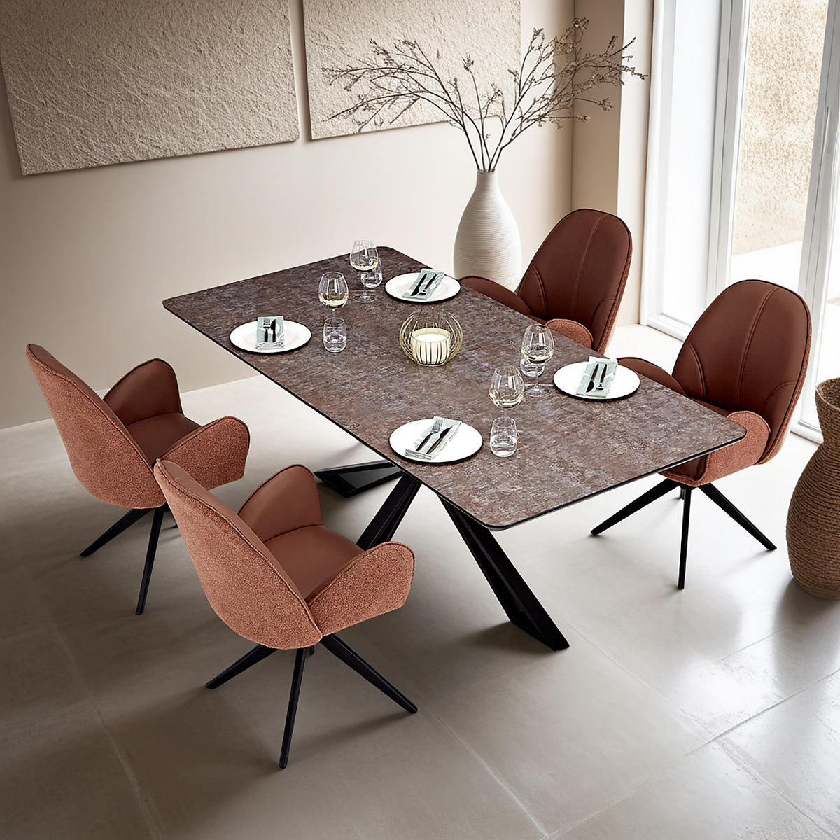 TISCHGRUPPE 200x100 cm schwarz mit 4 Stühle Braun - Braun, Metall (100/90/200cm) - Homestyle4u