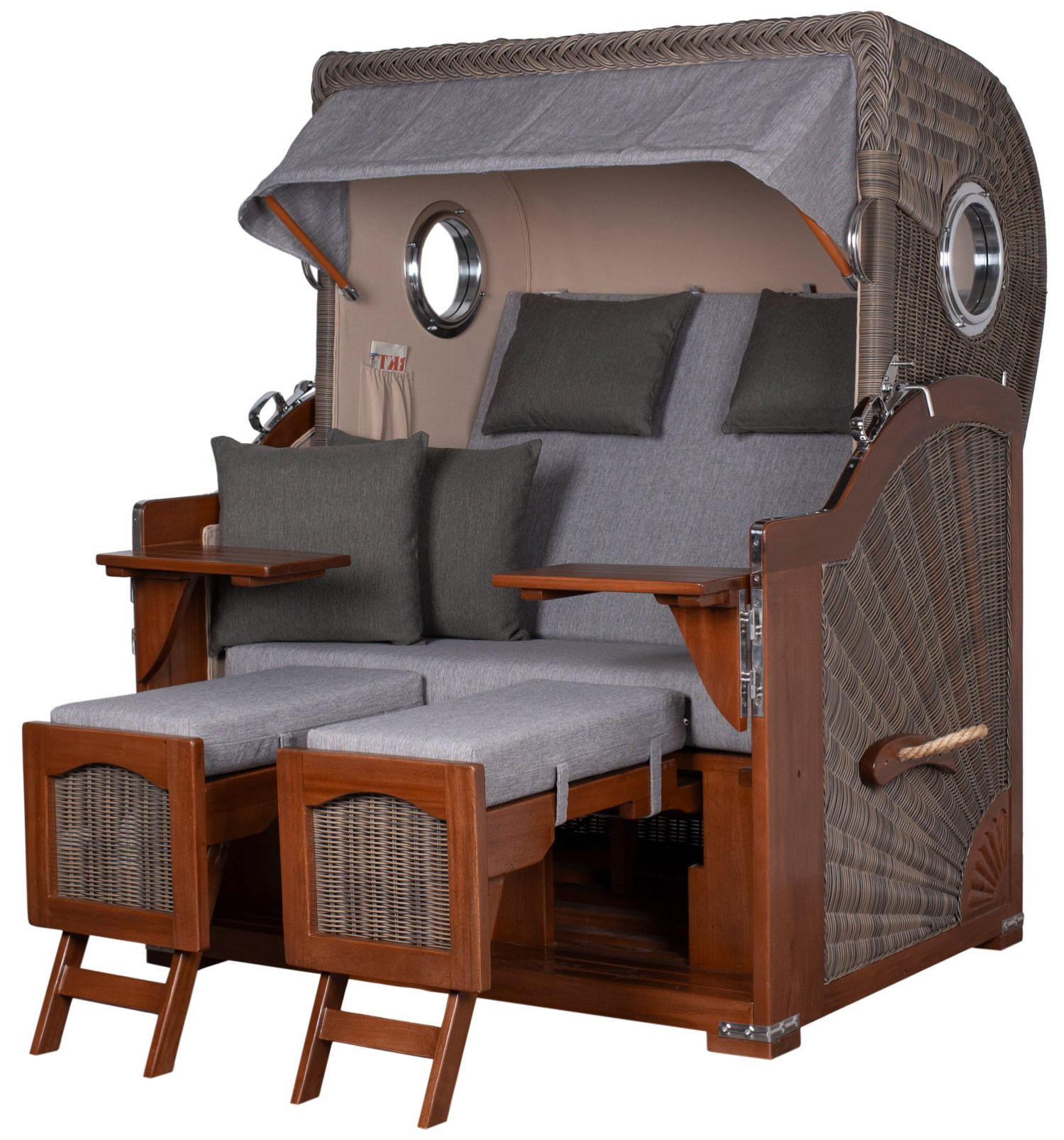 STRANDKORB Komplettset: Ammersee Mahagoni Bullauge - PE grau - Modell 570 - Anthrazit/Grau, Holz/Kunststoff (125/165/80cm) - bene living