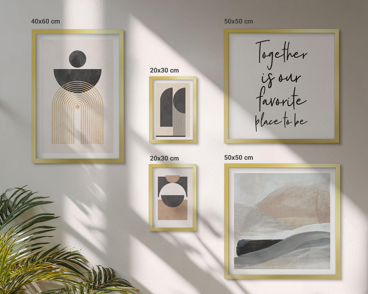 BILDER SET 5er Set - 50x50 cm & 20x30 cm & 40x60 cm Goldrahmen - Abstrakte Formen beige braun - Goldfarben, Kunststoff (40/60cm) - TULUP