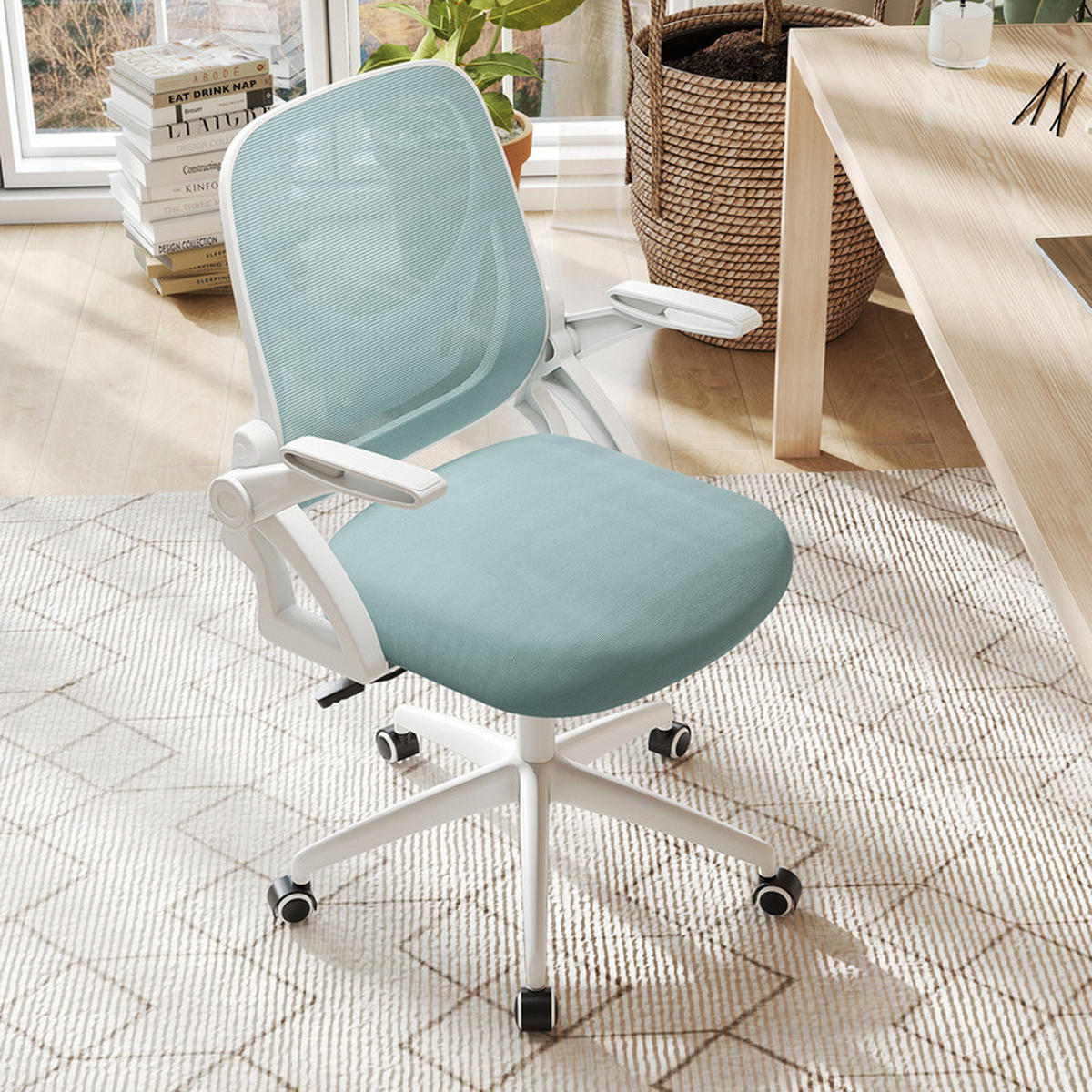BÜROSTUHL mit klappbaren Armlehnen und Wippfunktion blau - Blau, Metall (63/92/63cm) - COSTWAY