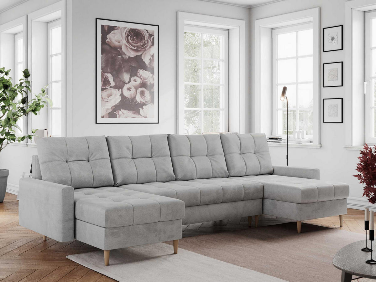 WOHNLANDSCHAFT Colin U Velvet Hellgrau - Hellgrau/Braun, Holz/Textil (290/75/140cm) - MKS