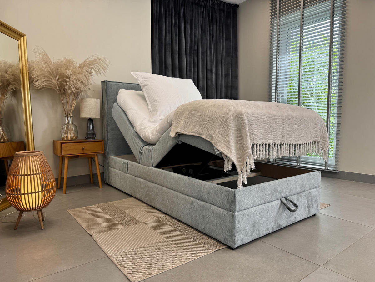 BOXBETT Sorrento - Elektrische Bett mit Matratze + Tooper, Kopfteil und Bettkasten - Stoffbezug Veloursstoff - 100x200 cm - Grau - Grau, Holzwerkstoff/Kunststoff (100/200cm) - Trada