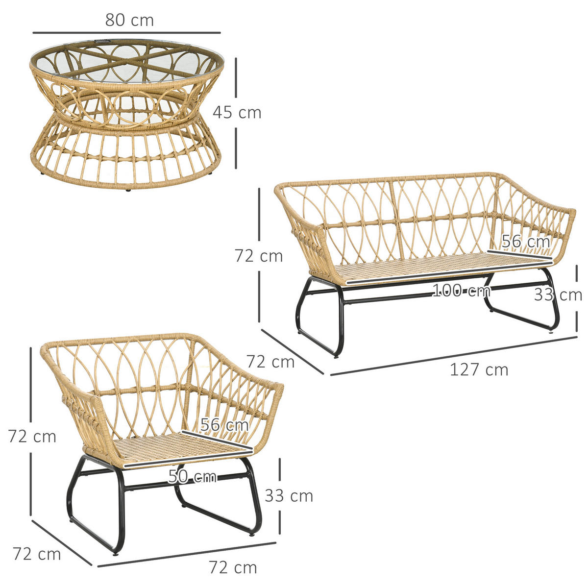 GARTENLOUNGE-SET Beige Kunststoffgeflecht 4-teilig mit Kissen und Tisch - Sandfarben, Holzwerkstoff - PANGIVO