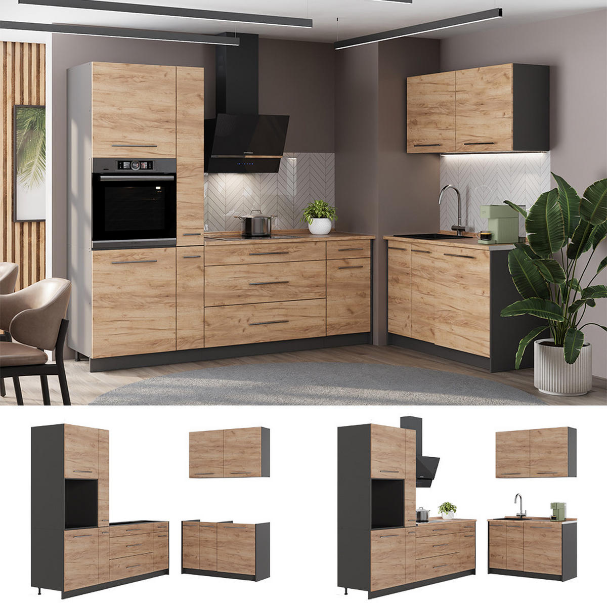 KÜCHENZEILE Fame-Line, Goldkraft Eiche/Anthrazit, 220 x 120 cm, AP Eiche - Honigeiche/Anthrazit, Holzwerkstoff (220/206.8/60cm) - Vicco