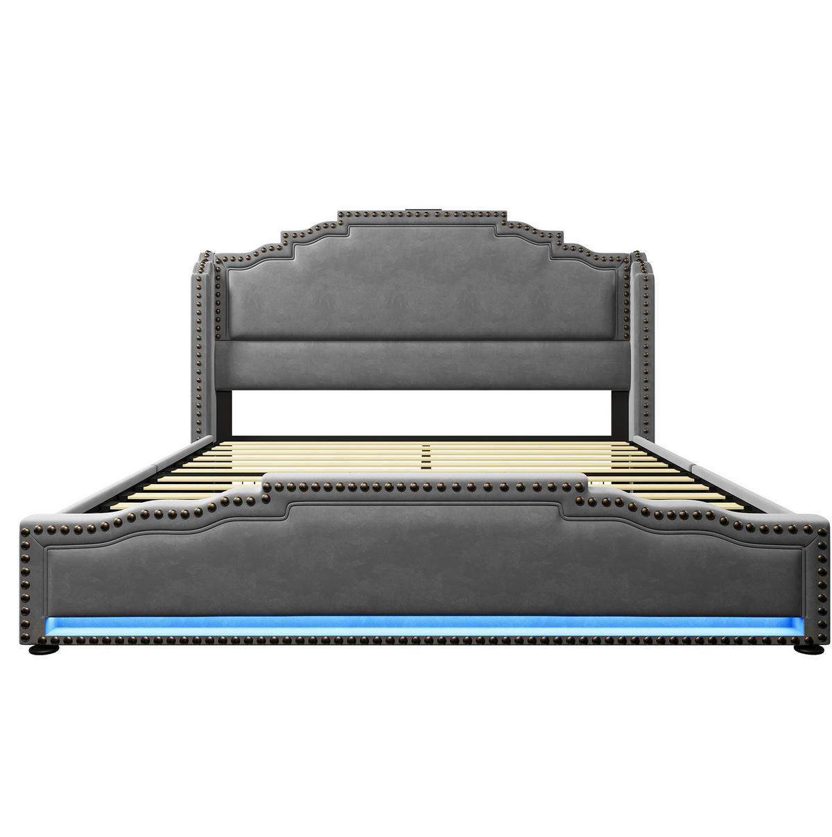 ČALÚNENÁ posteľ 160/200 cm, sametová sivá, s LED osvetlením, USB-C a úložným priestorom - sivá, textil (160/200cm) - BEAOK