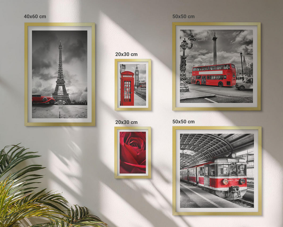 WANDBILDER 5er Set - 50x50 cm & 20x30 cm & 40x60 cm Goldrahmen - Ikonische Städte London Paris Eisenbahn - Goldfarben, Kunststoff (40/60cm) - ArtPrintCave