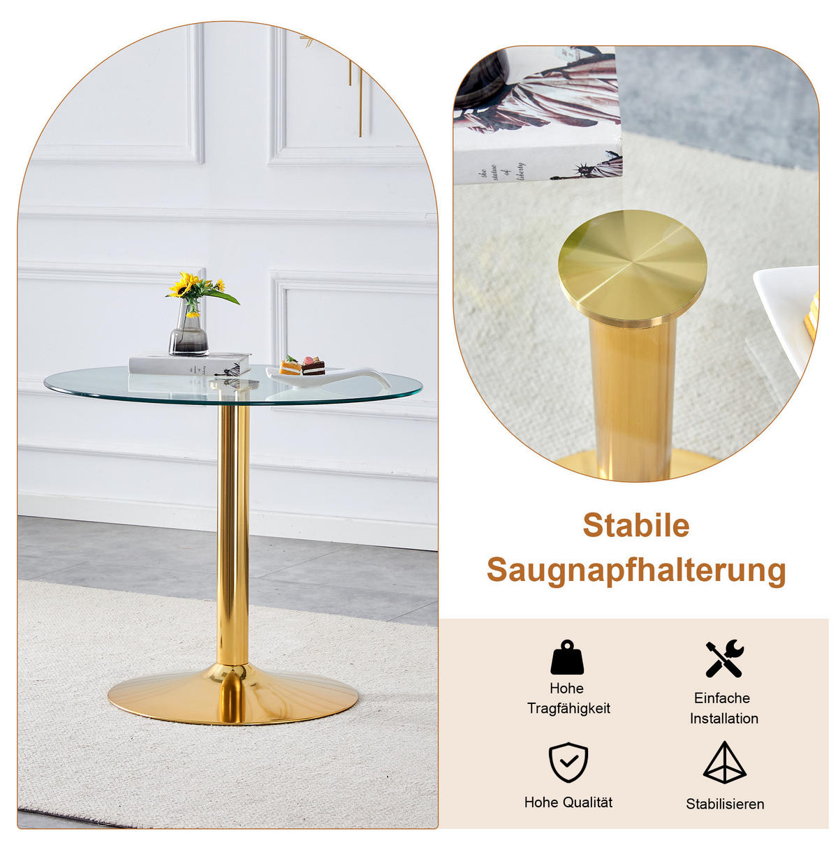 ESSZIMMER-SET mit Glastisch 5-tlg. 85 cm Schwarz/Gold - Schwarz, Metall (85/76/85cm) - Meubliv