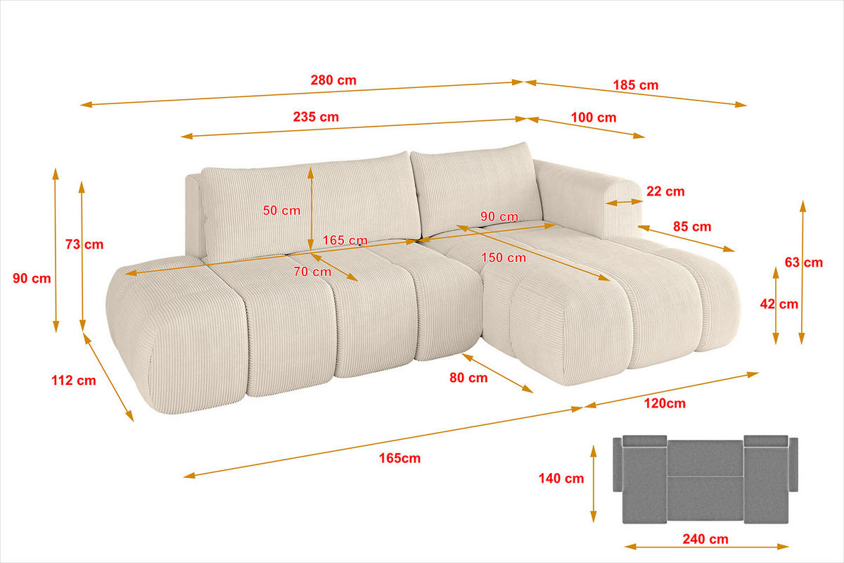 ECKSOFA Ottomane Rechts CLOUD-L 280x185x90 Beige Cord - Beige, Holzwerkstoff/Kunststoff (185/280cm) - ALTDECOR
