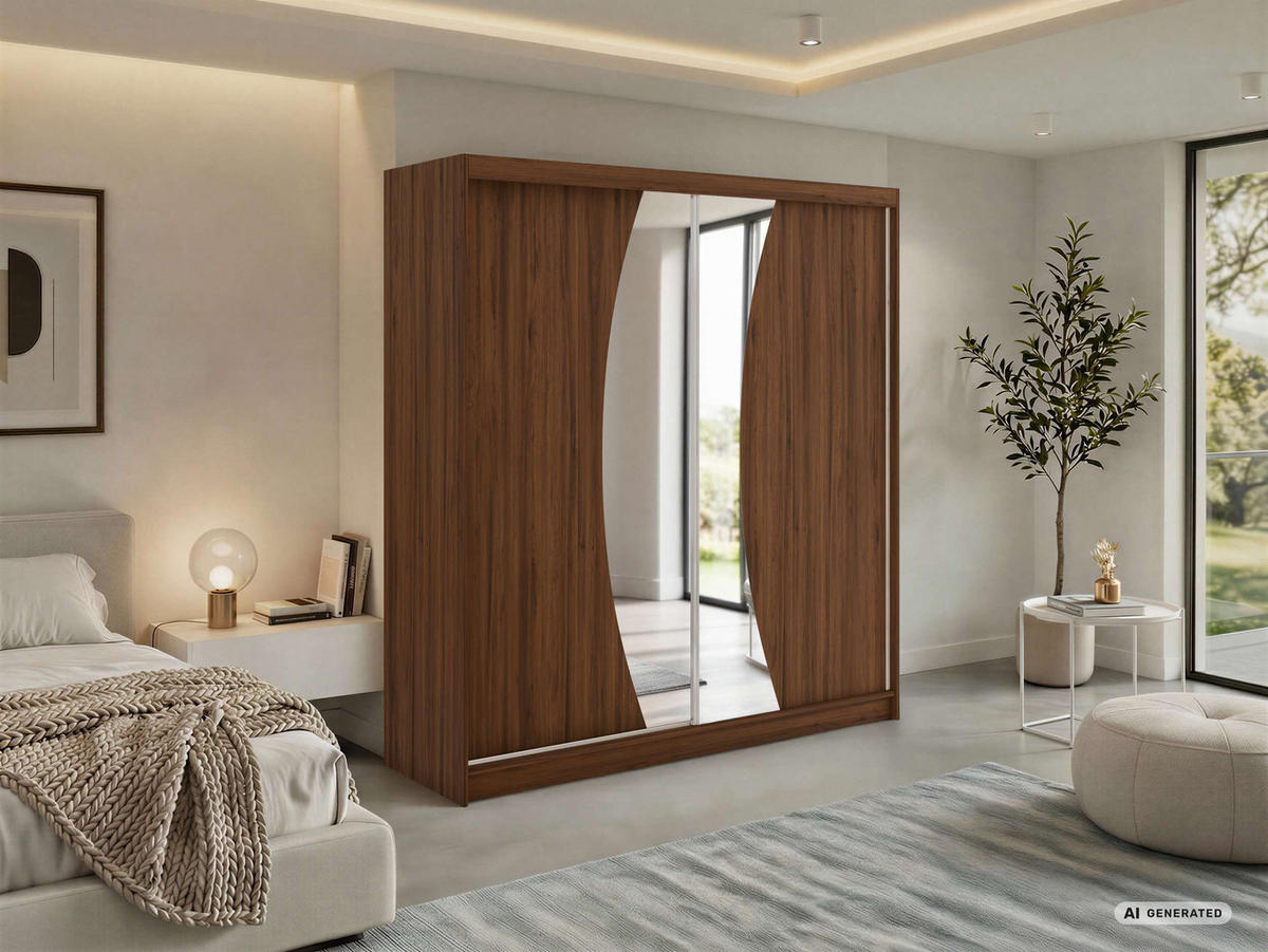 SCHWEBETÜRENSCHRANK 200 - VERONA - Warmia Walnuss mit Spiegel - Walnussfarben/Alufarben, Holzwerkstoff/Metall (200/216/61cm) - MKS