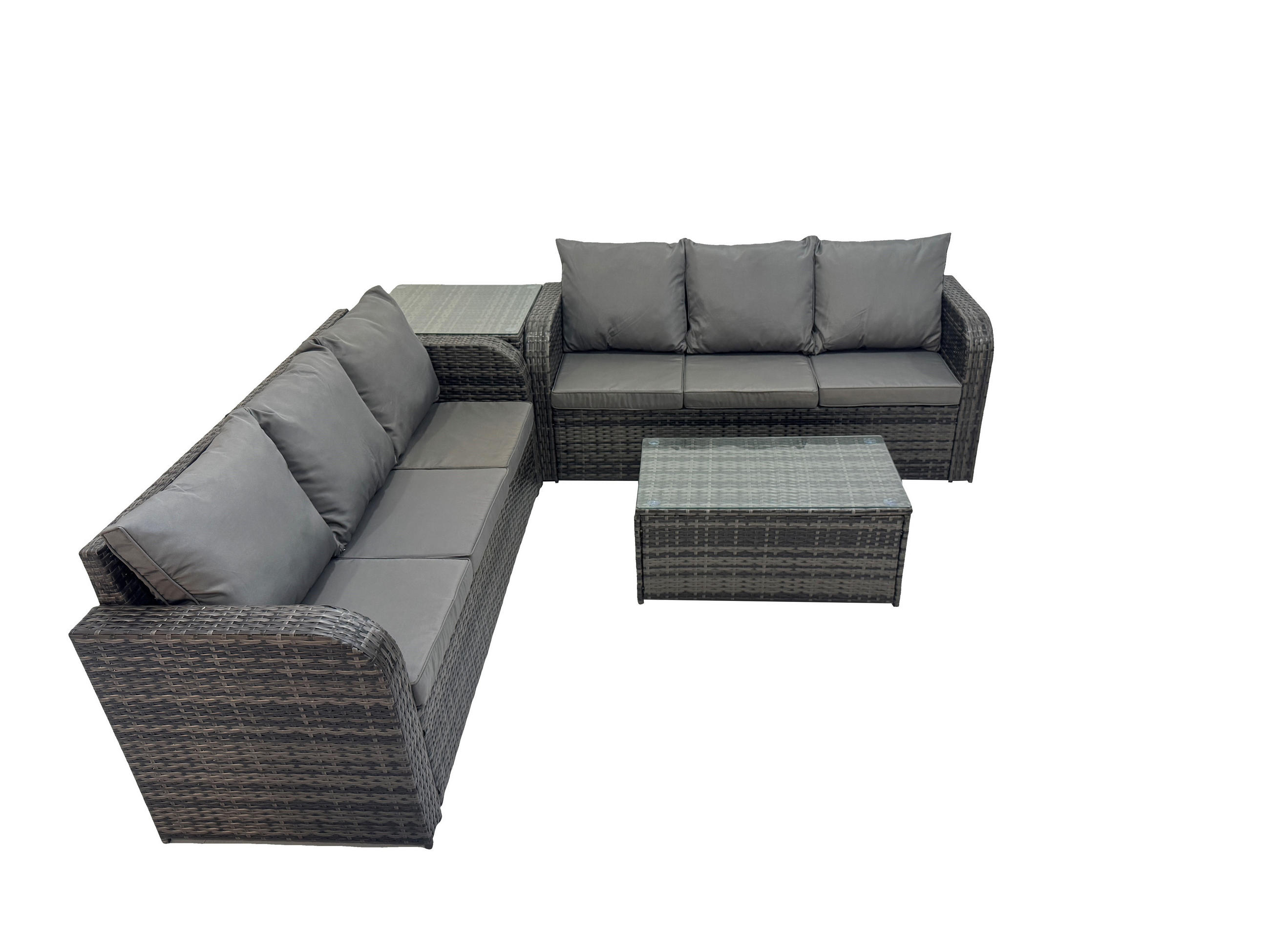 GARTENMÖBEL-SET mit Kissen Polyrattan Dunkelgrau 6-Sitzer - Dunkelgrau/Grau, Glas/Kunststoff - Fimous