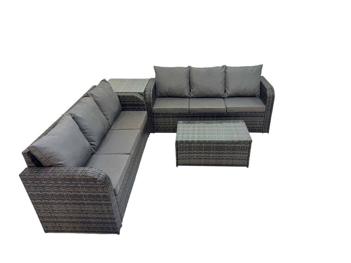 GARTENMÖBEL-SET mit Kissen Polyrattan Dunkelgrau 6-Sitzer - Dunkelgrau/Grau, Glas/Kunststoff - Fimous