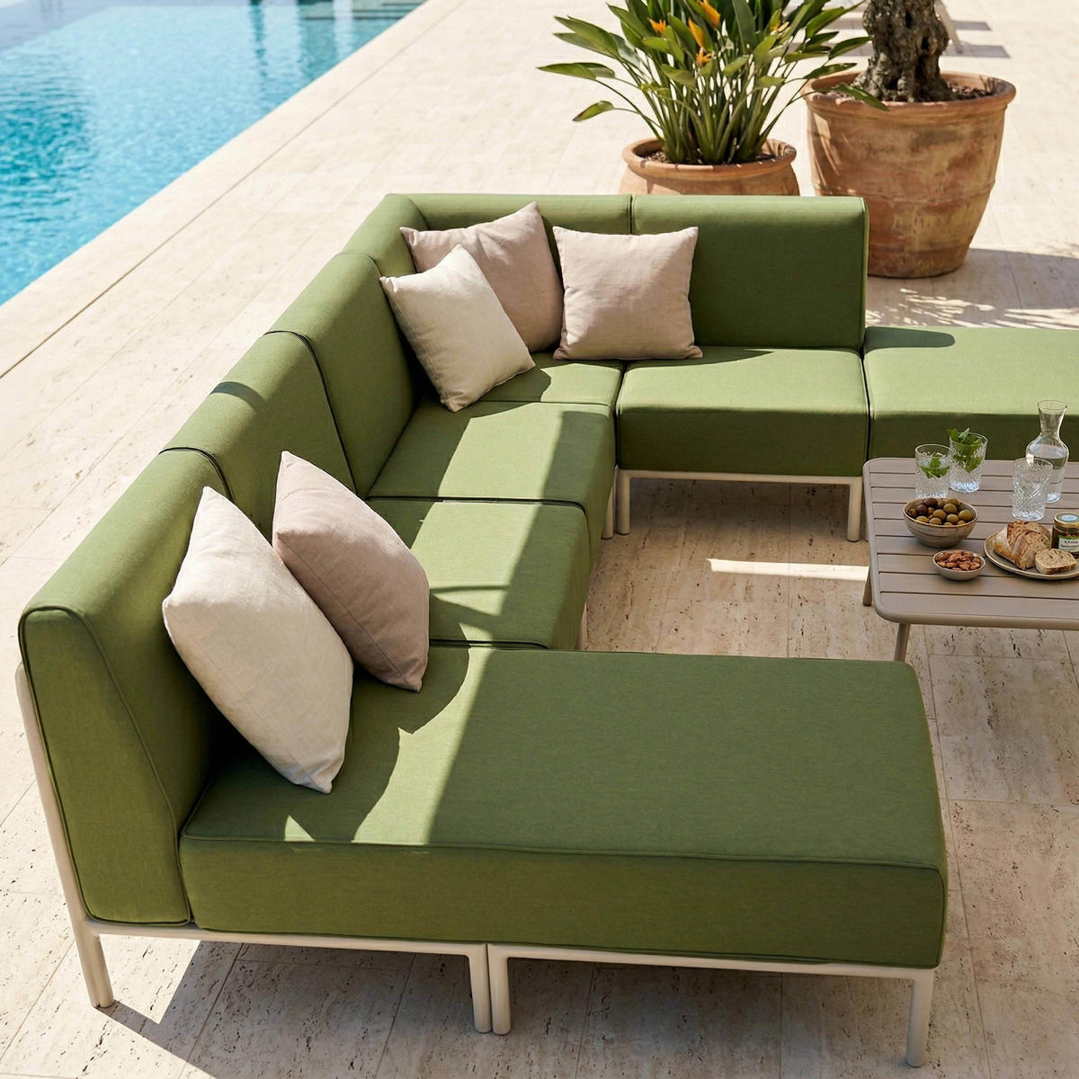GARTENSOFA mit 6 Sitzplätzen, Khakigrün - Grün, Textil (180/78/360cm) - Oviala