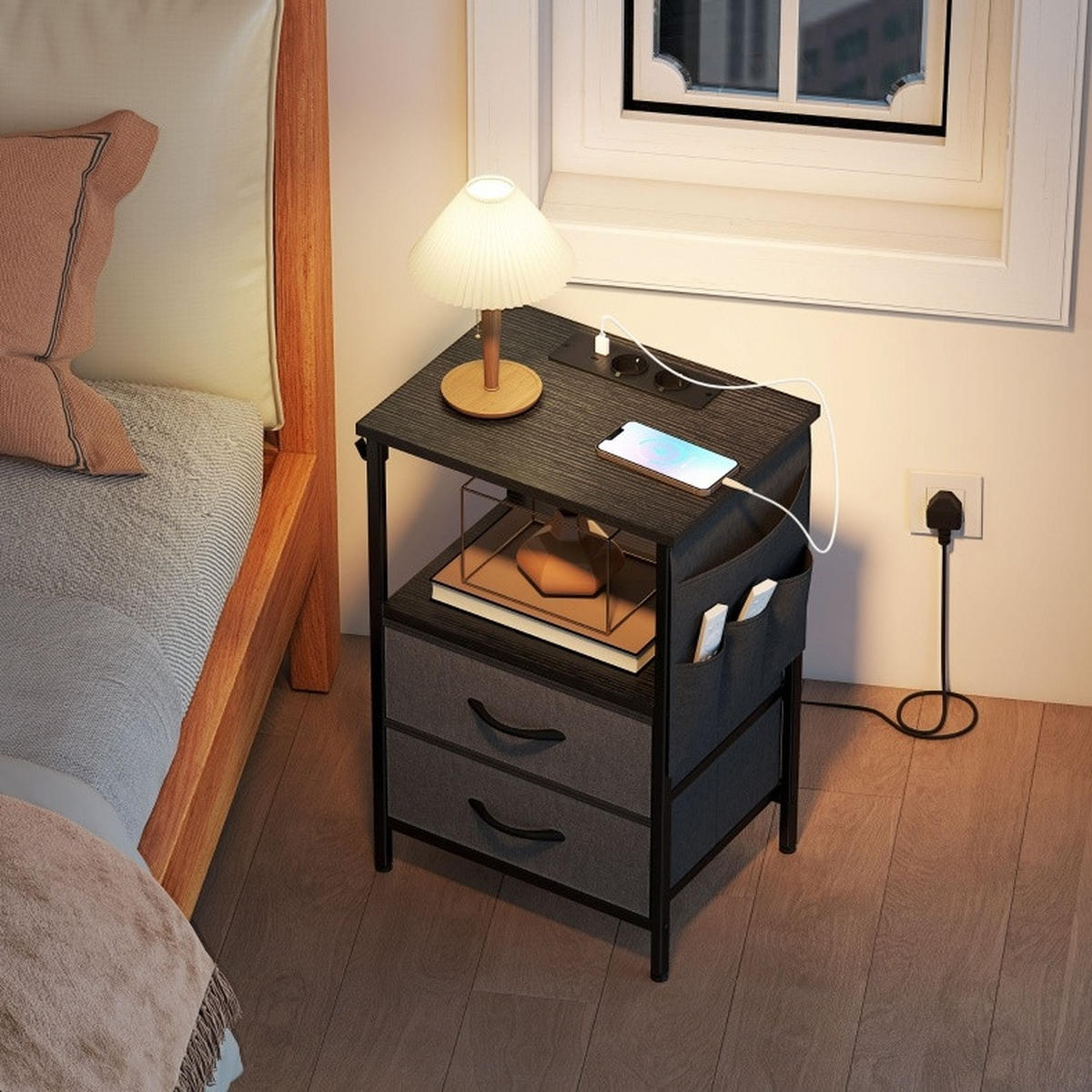 BEISTELLTISCH 40/30/60 cm in Schwarz mit Schubladen und USB- und Type-C-Anschlüssen - Schwarz, Holz (40/30/60cm) - Flora Grace