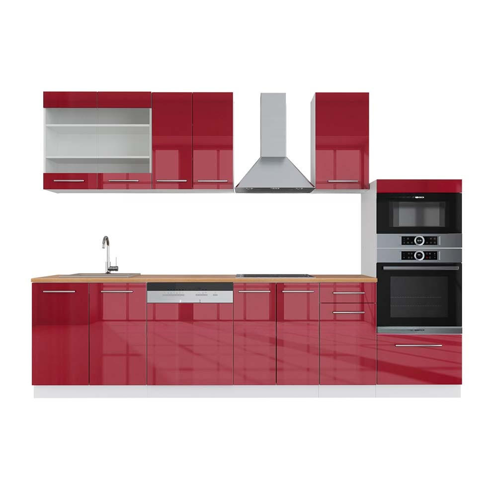 KÜCHENZEILE Fame-Line Bordeaux Hochglanz/Weiß 300 cm mit Hochschrank, AP Eiche - Bordeaux/Weiß, Holzwerkstoff (300/153.6/60cm) - Vicco
