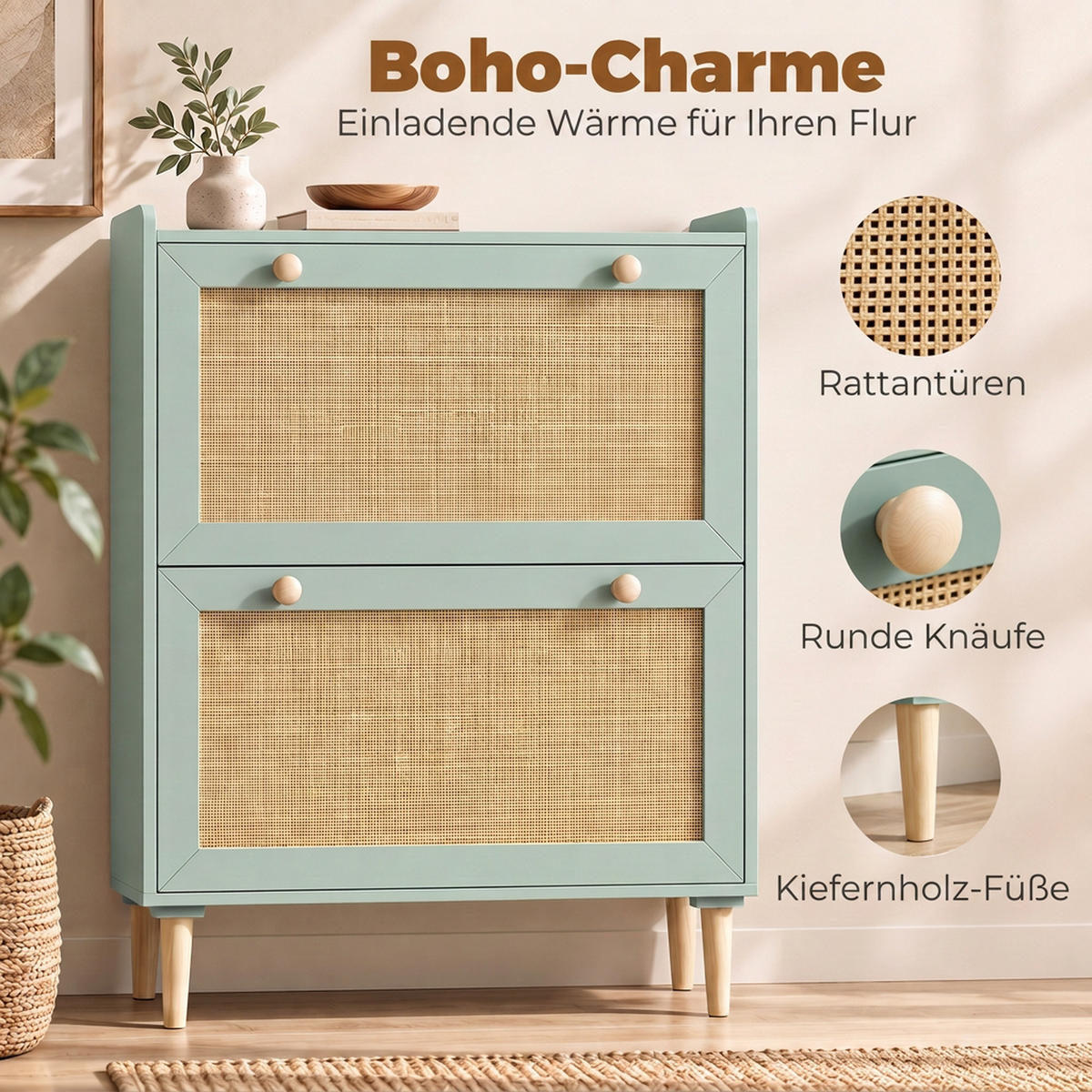 SCHUHSCHRANK MDF Hellgrün - Naturfarben/Hellgrün, Holz/Holzwerkstoff (26/101/80cm) - HOMCOM