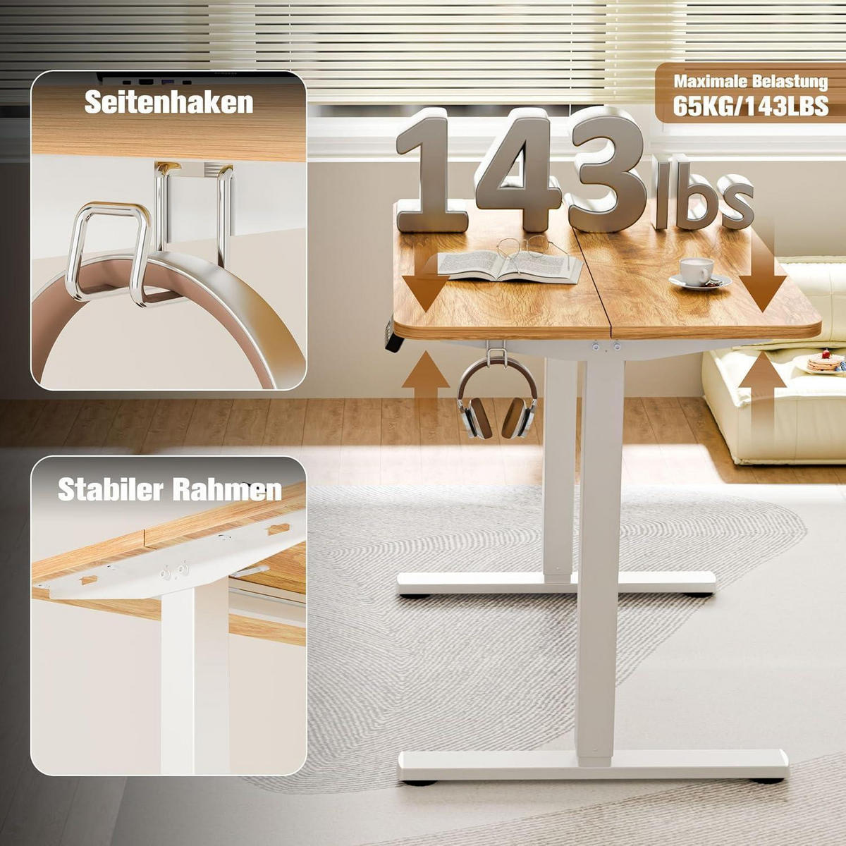 SCHREIBTISCH höhenverstellbar elektrisch 90 x 60 cm Hellbraun - Braun, Holzwerkstoff (60/90/73cm)