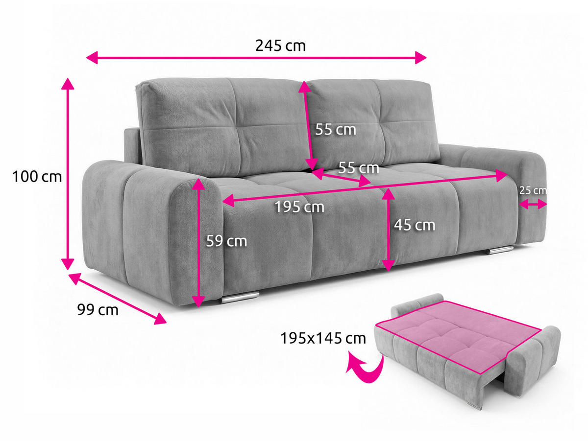 SCHLAFSOFA Fluffy - Schwarz (Vibe 99) - Chromfarben/Schwarz, Holz/Kunststoff (245/100/99cm) - Sofnet