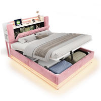 POLSTERBETT aus MDF, Metall und Samt 160x200 cm Rosa mit LED, USB-Anschlüssen und hydraulischem Bettkasten - Pink, Textil (160/200cm) - Modfu