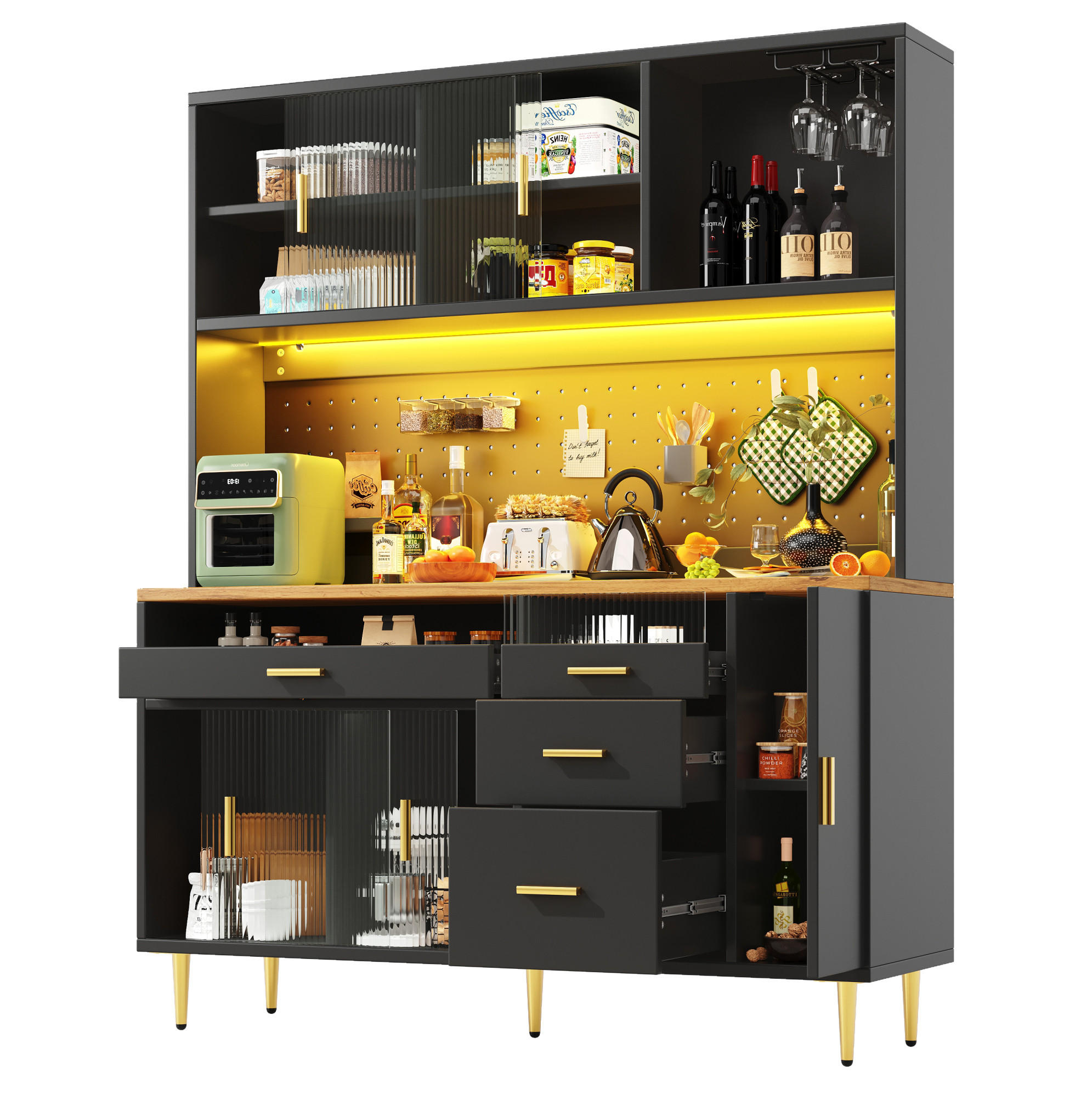 BUFFET 145/39/171 cm schwarz aus MDF und Glas mit LED - Schwarz, Glas (145/171/24cm) - OKWISH