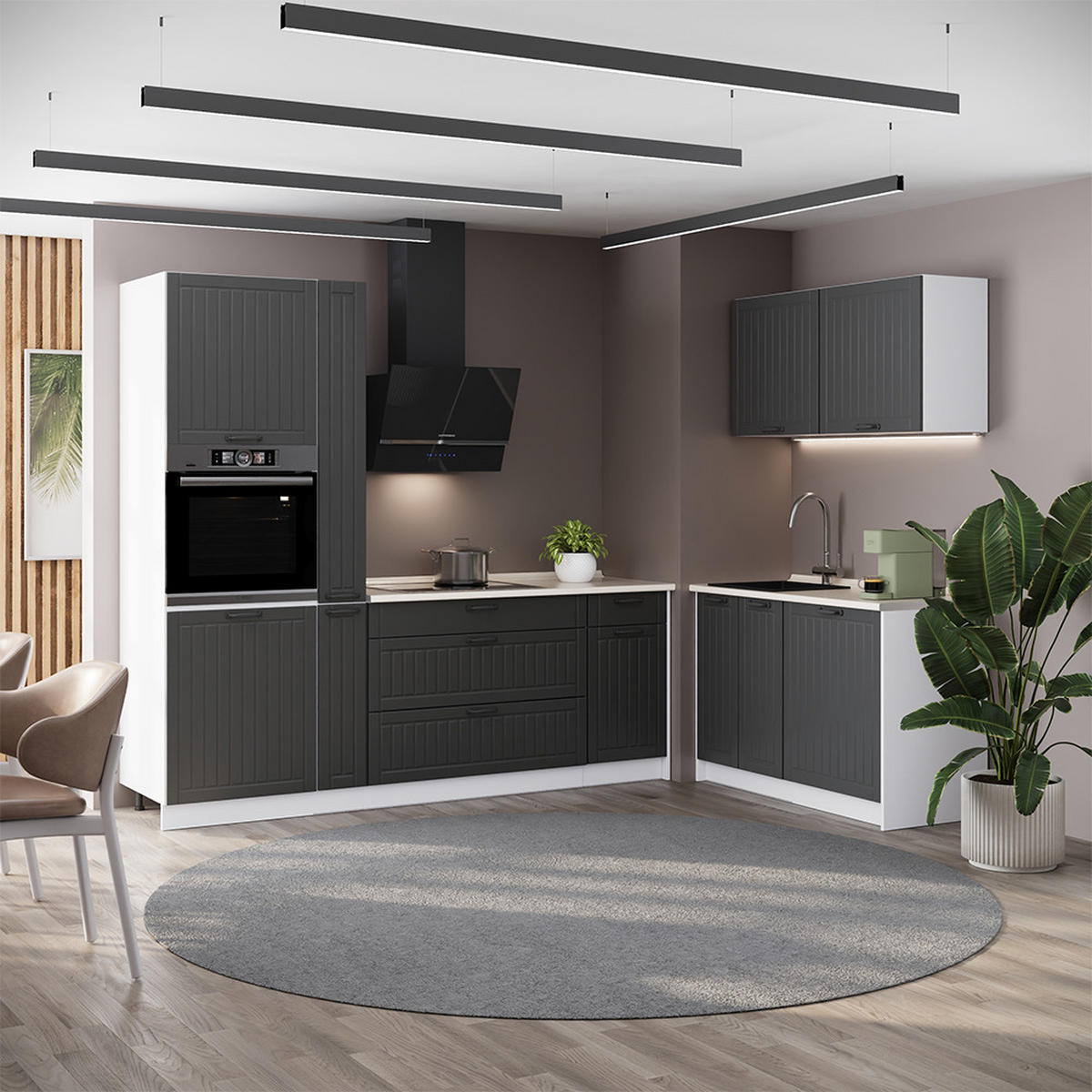 KUHINJA Fame-Line, Temno siva/Bela, 220 x 120 cm brez delovne plošče - temno siva/bela, leseni material (220/206.8/51.6cm) - Vicco